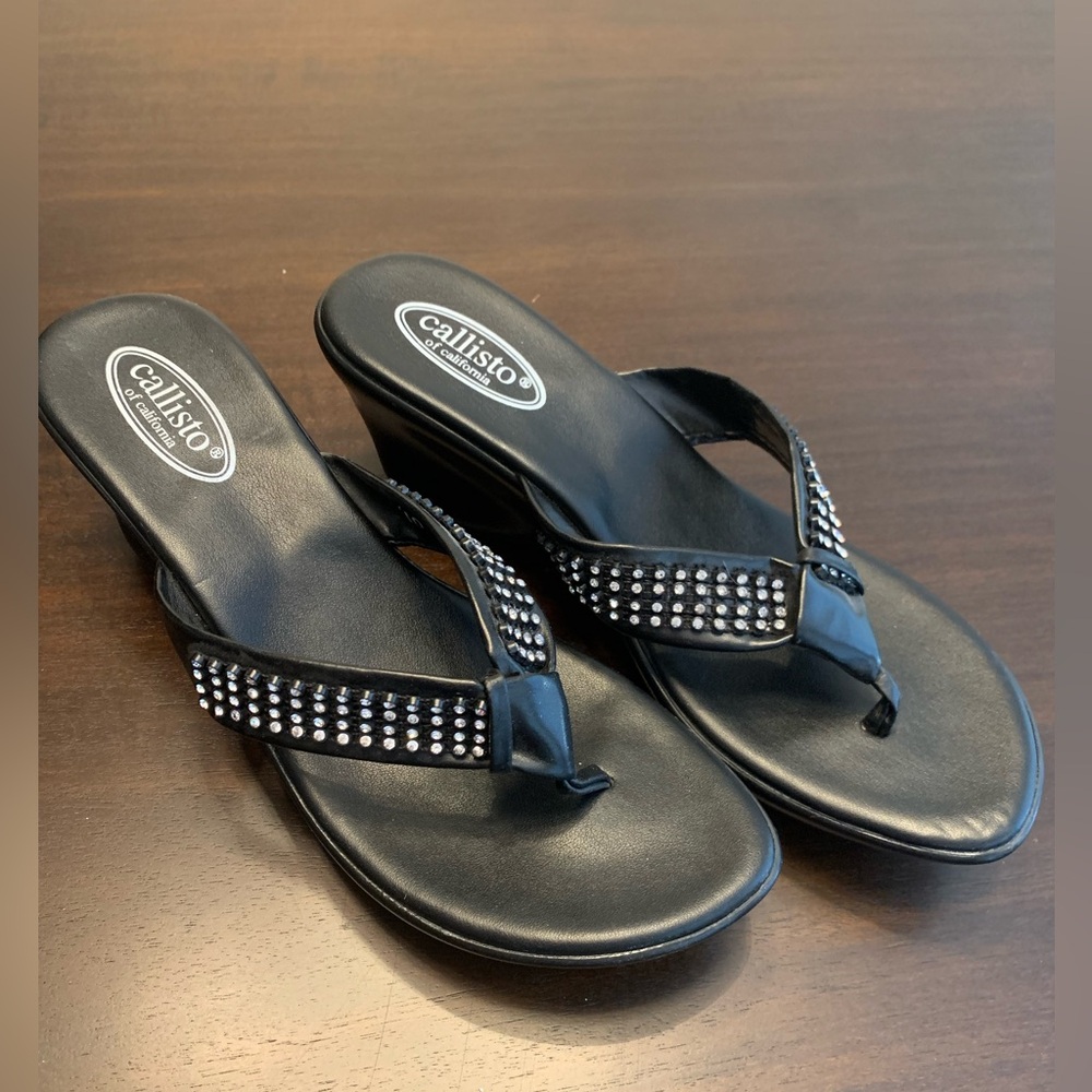 Calisto of California woman, rhinestone, black sandal wedge, new, no tags